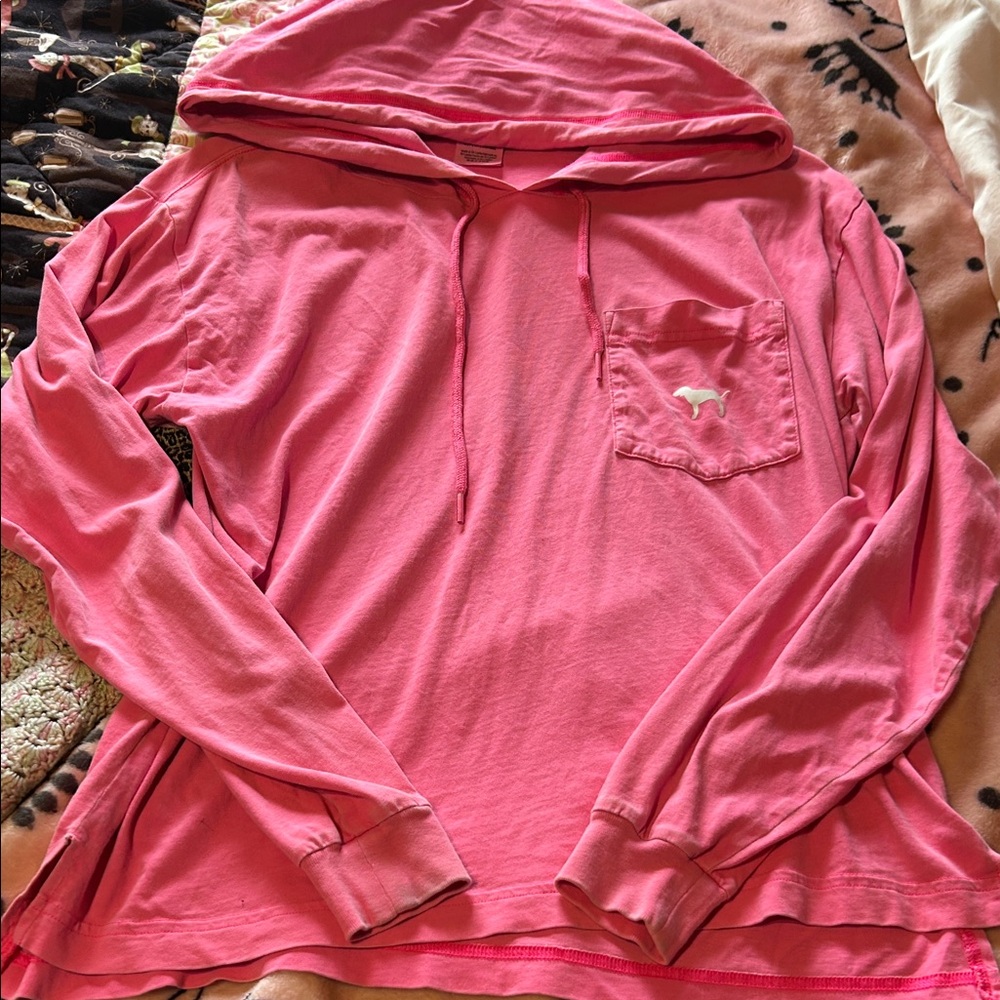 Pink Hooded Long Sleeve Pocket Tee with Dog Logo